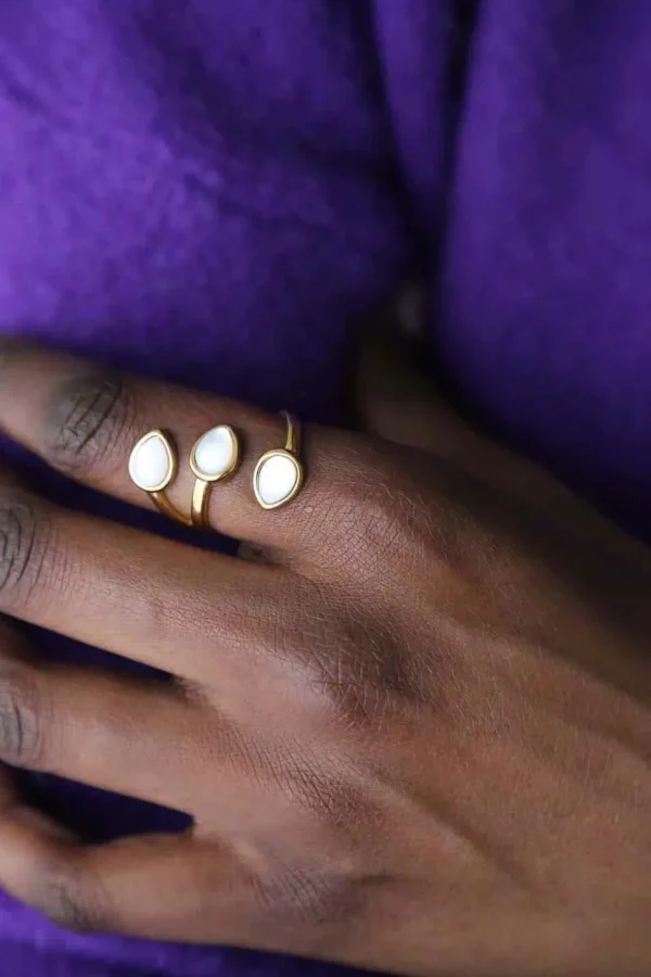 Femmes Saheline Bague Ajustable Doree/Blanc Nafy